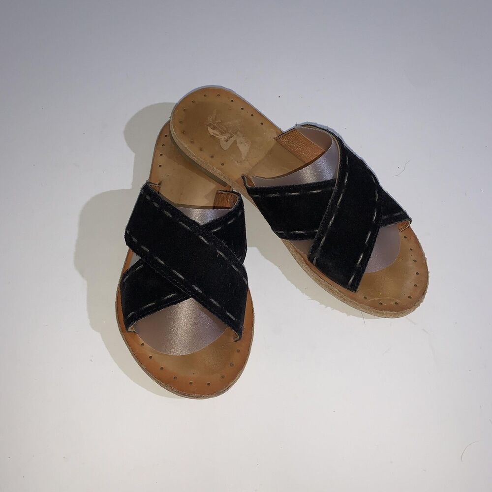 Frye Sandals Womens Size 5.5 Black Suede Cross Strap Slide Shoes Comfort Flat